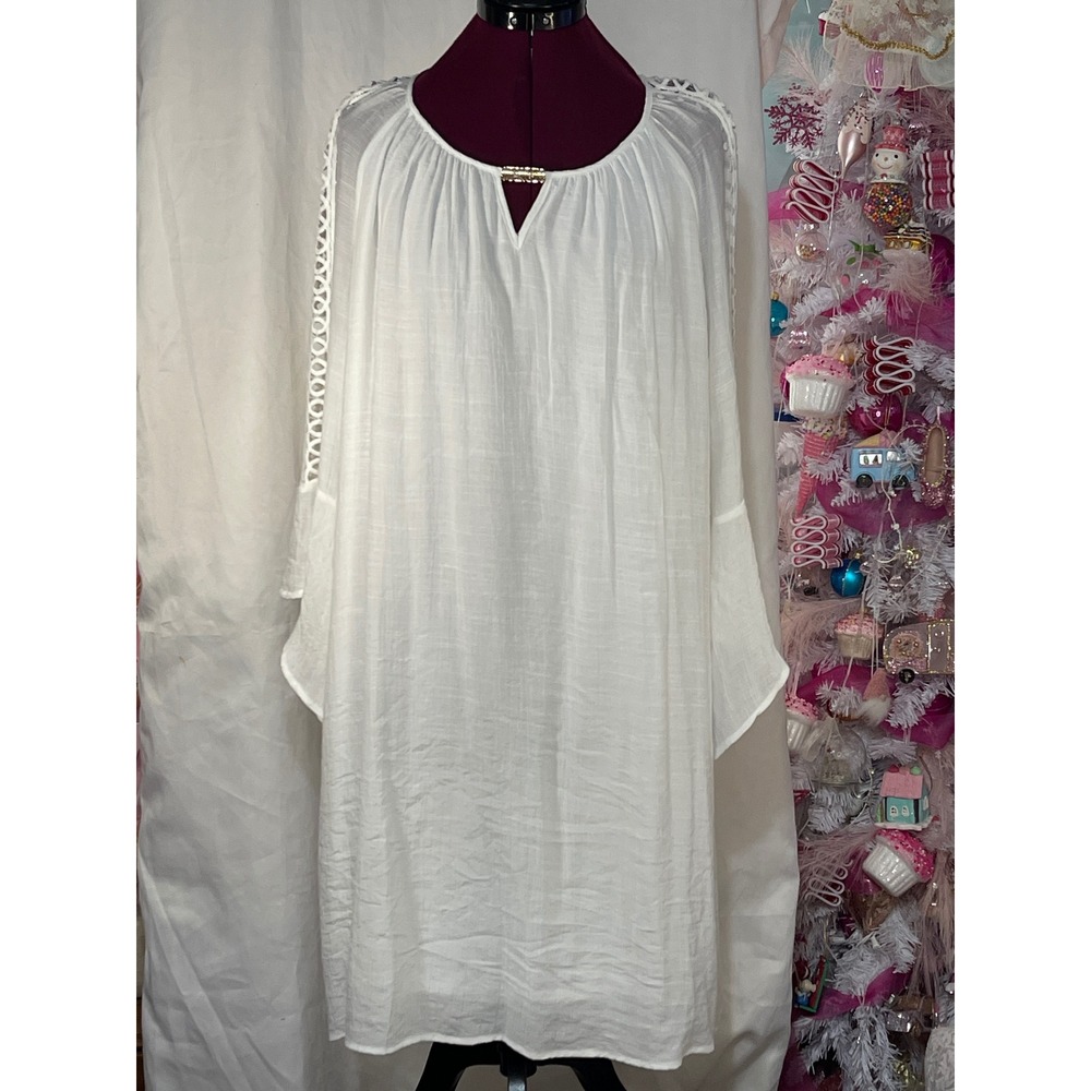 Indigo Rose Shift Dress Womens XL White Good Crochet Bell Sleeve Boho Tunic
